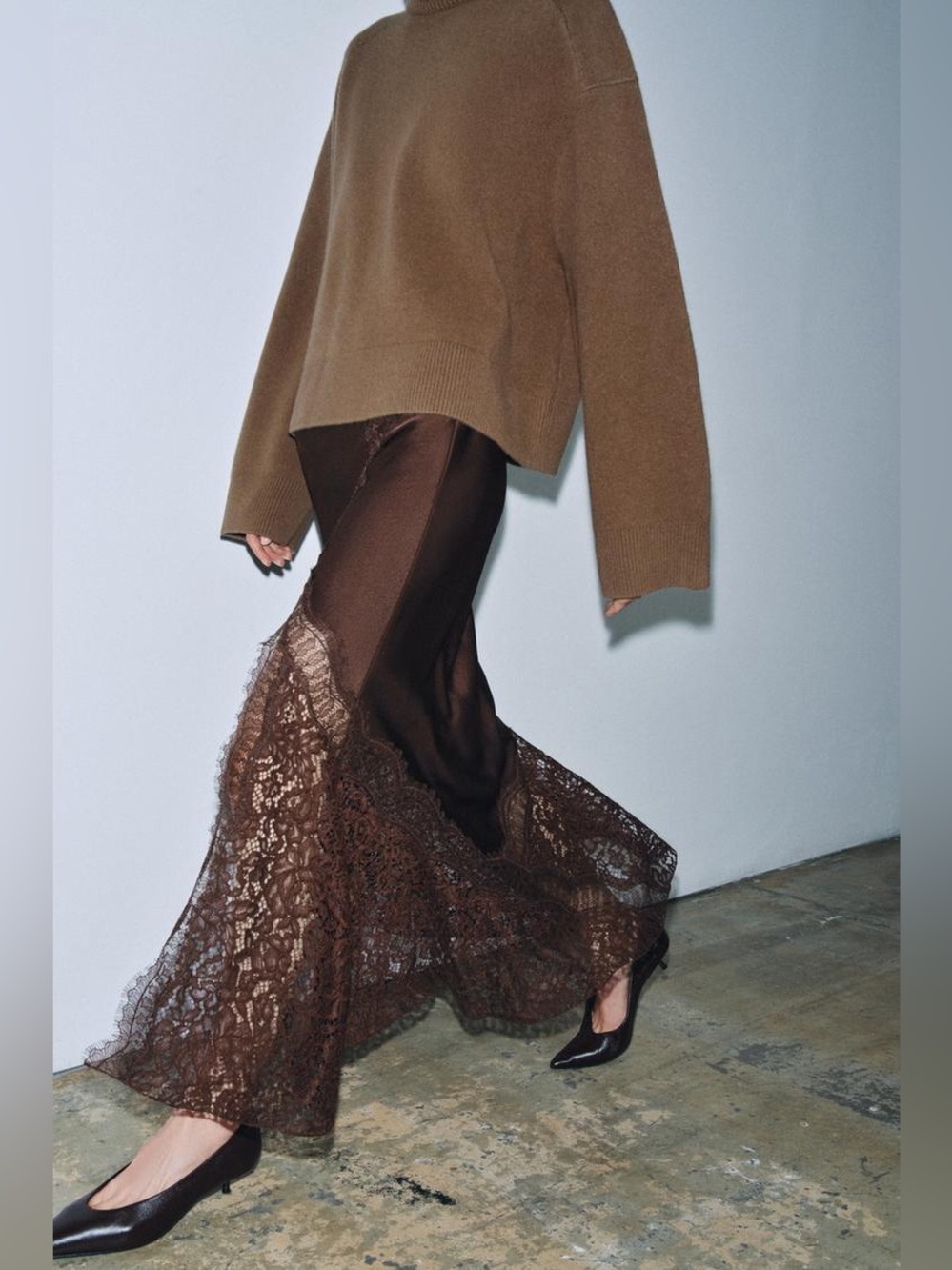 NWOT. Zara ZW Collection Brown High-waist Satin Midi Skirt with Lace. Size S. - Picture 5 of 14
